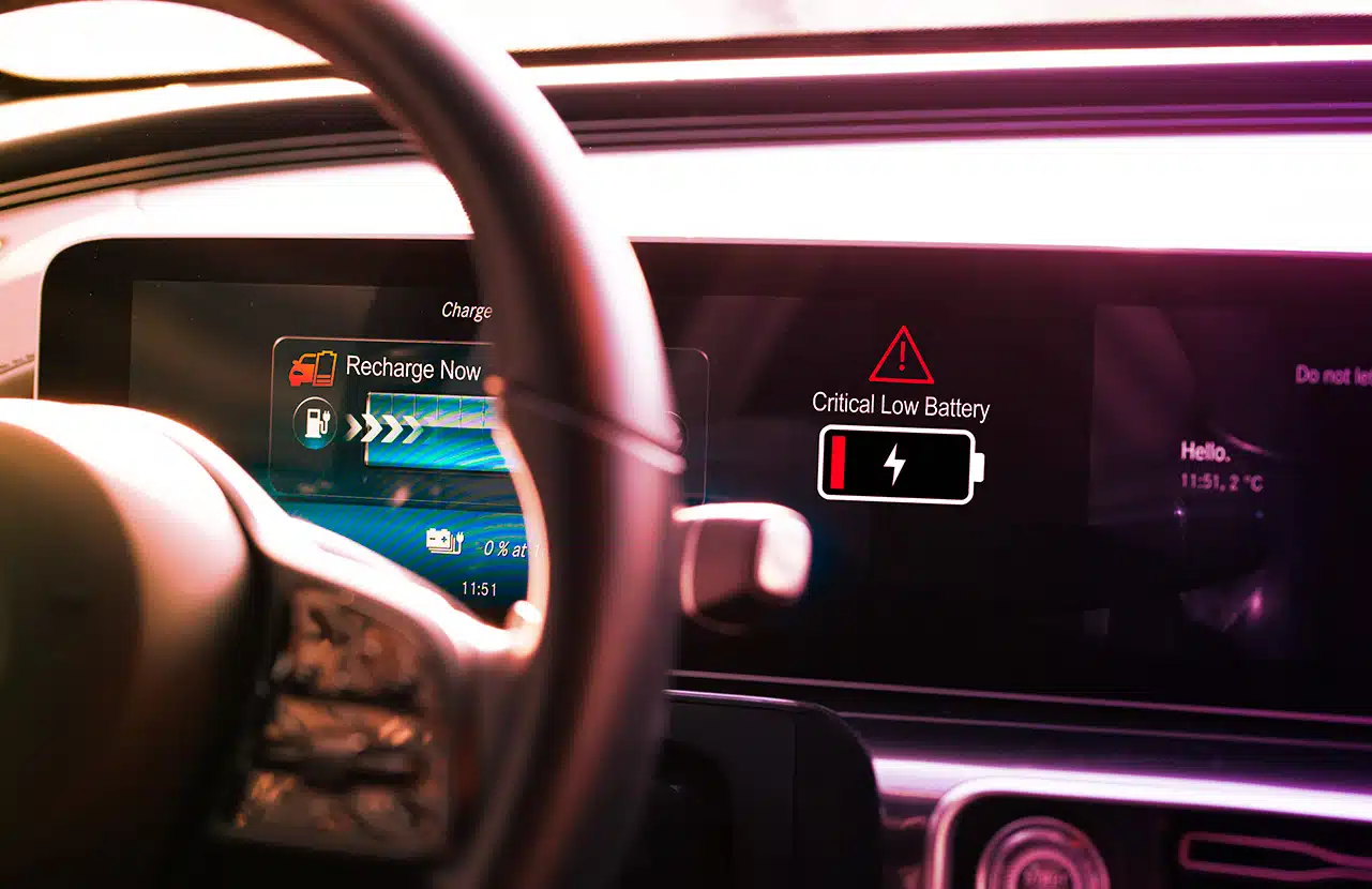 Cruscotto di auto elettrica con avviso batteria scarica e messaggio di ricarica sul display