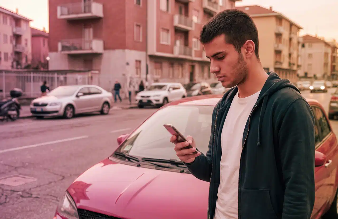 Ragazzo guarda lo smartphone accanto a un’auto parcheggiata in città”