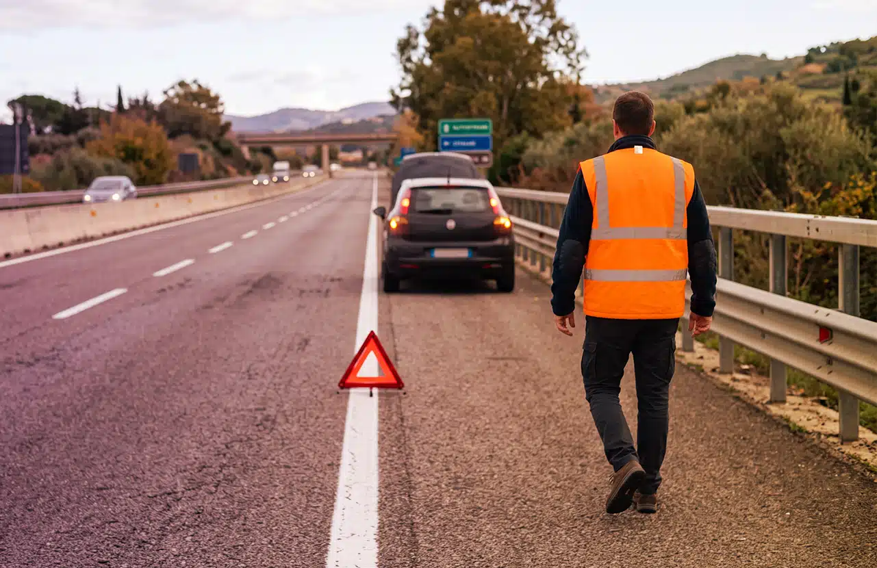 Automobilista con giubbotto catarifrangente cammina verso l’auto in panne ferma in corsia di emergenza, con il triangolo dietro